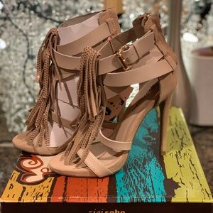 Zigi Soho Nude Leather Fringe Strappy Heels